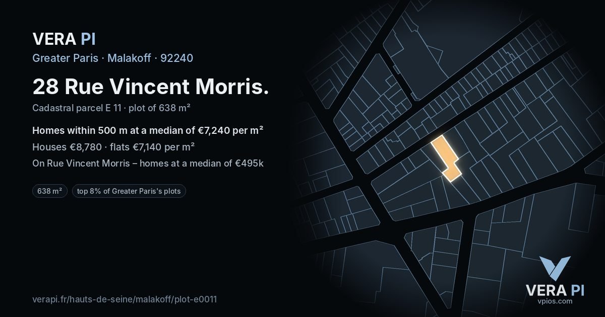 28 Rue Vincent Morris, Malakoff at night – the plot lit, the parcels around coloured by the prices near them