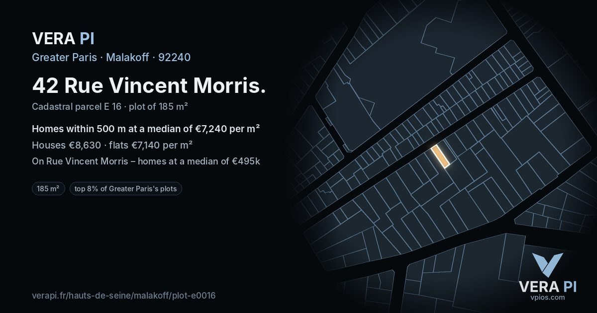 42 Rue Vincent Morris, Malakoff at night – the plot lit, the parcels around coloured by the prices near them