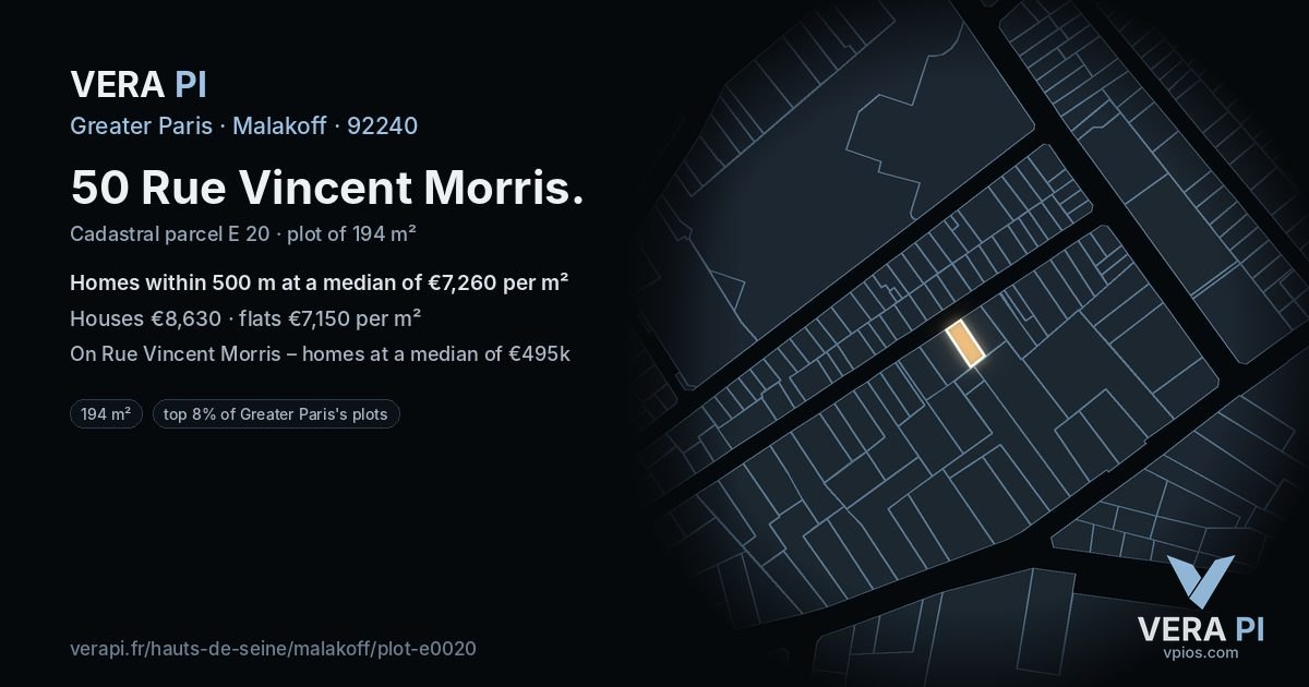 50 Rue Vincent Morris, Malakoff at night – the plot lit, the parcels around coloured by the prices near them