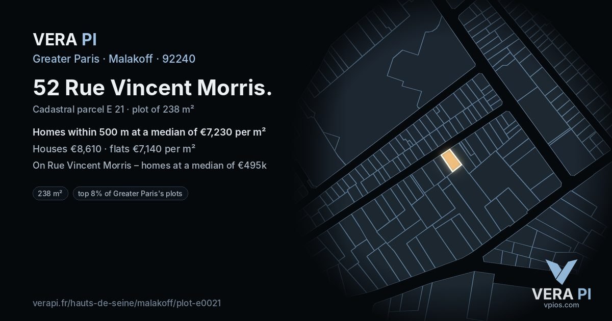 52 Rue Vincent Morris, Malakoff at night – the plot lit, the parcels around coloured by the prices near them
