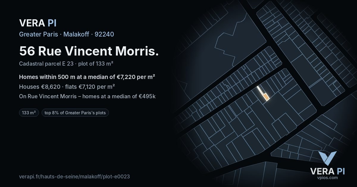 56 Rue Vincent Morris, Malakoff at night – the plot lit, the parcels around coloured by the prices near them