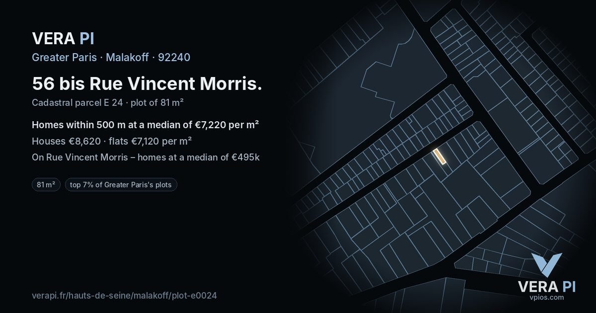 56 bis Rue Vincent Morris, Malakoff at night – the plot lit, the parcels around coloured by the prices near them
