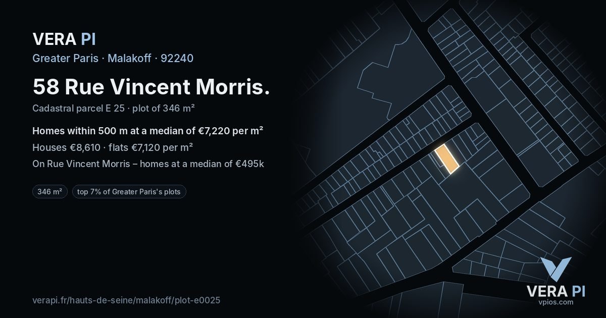 58 Rue Vincent Morris, Malakoff at night – the plot lit, the parcels around coloured by the prices near them