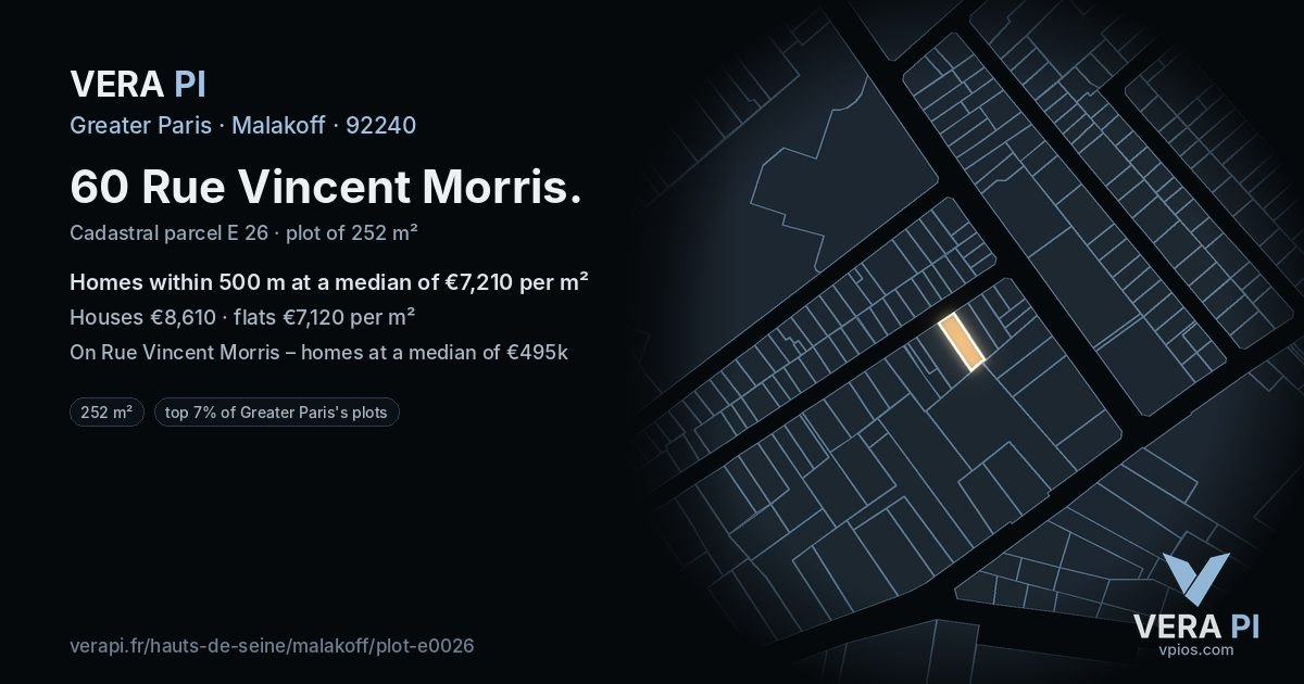 60 Rue Vincent Morris, Malakoff at night – the plot lit, the parcels around coloured by the prices near them