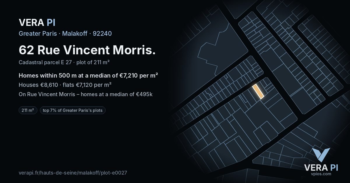 62 Rue Vincent Morris, Malakoff at night – the plot lit, the parcels around coloured by the prices near them