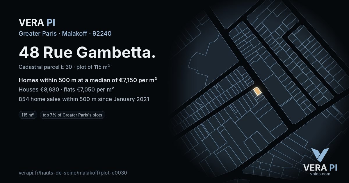 48 Rue Gambetta, Malakoff at night – the plot lit, the parcels around coloured by the prices near them