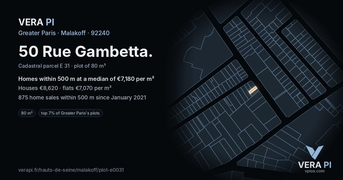 50 Rue Gambetta, Malakoff at night – the plot lit, the parcels around coloured by the prices near them