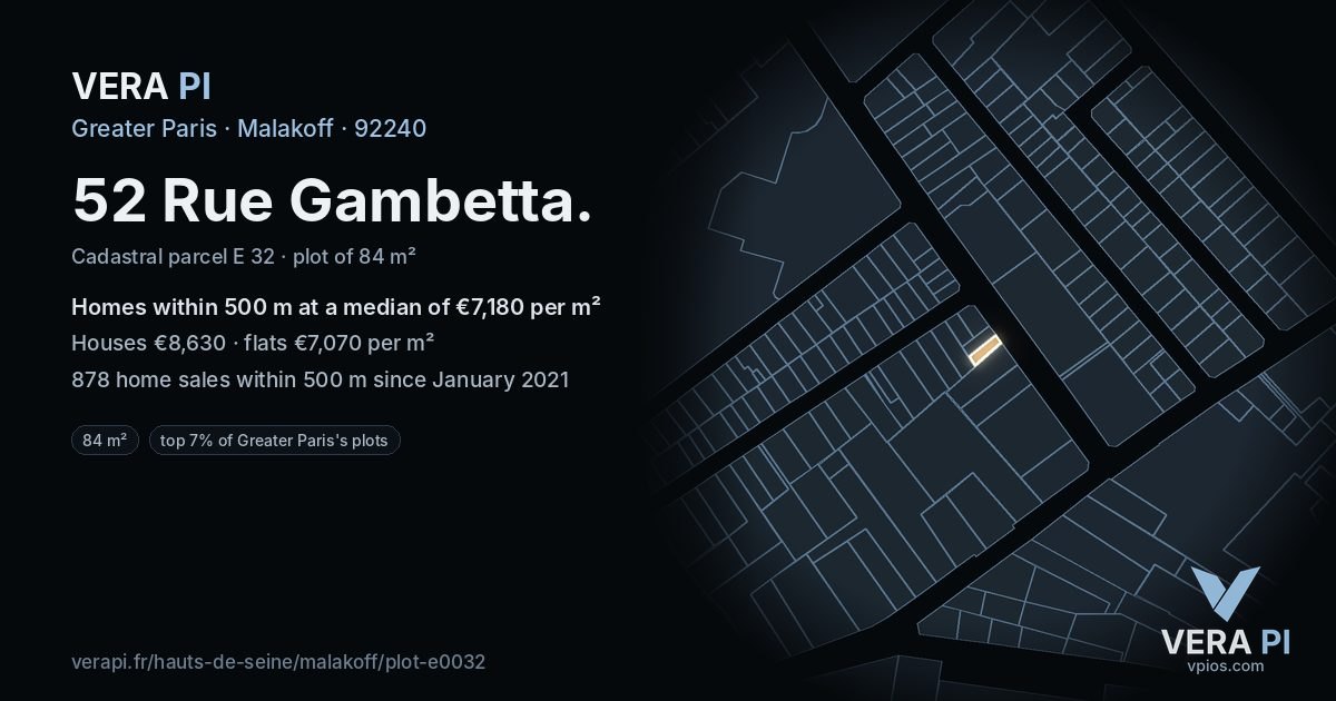 52 Rue Gambetta, Malakoff at night – the plot lit, the parcels around coloured by the prices near them