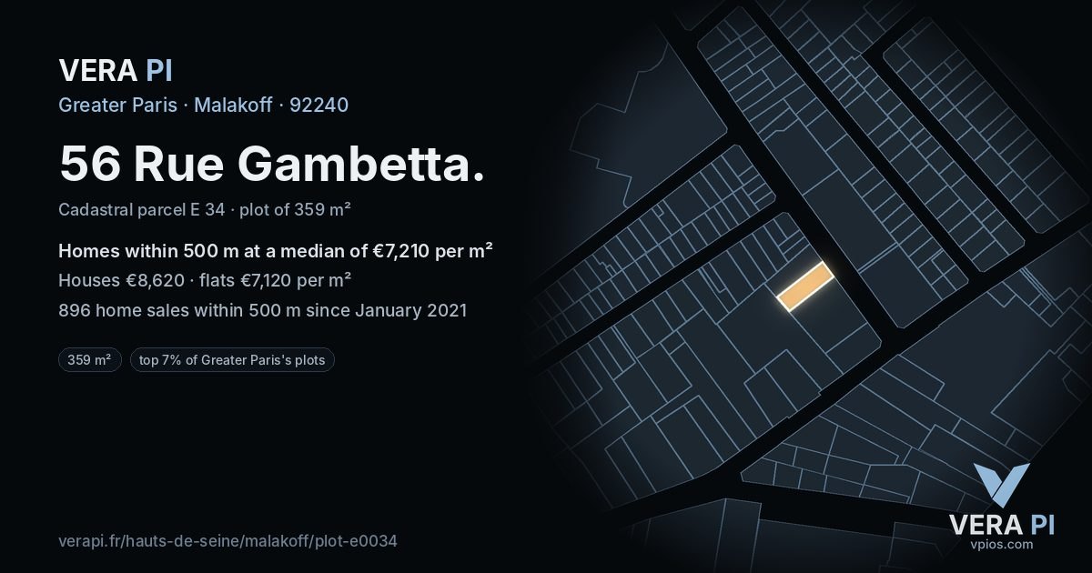 56 Rue Gambetta, Malakoff at night – the plot lit, the parcels around coloured by the prices near them