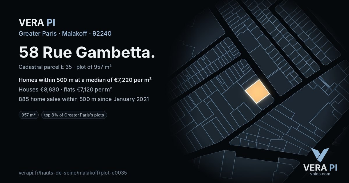 58 Rue Gambetta, Malakoff at night – the plot lit, the parcels around coloured by the prices near them