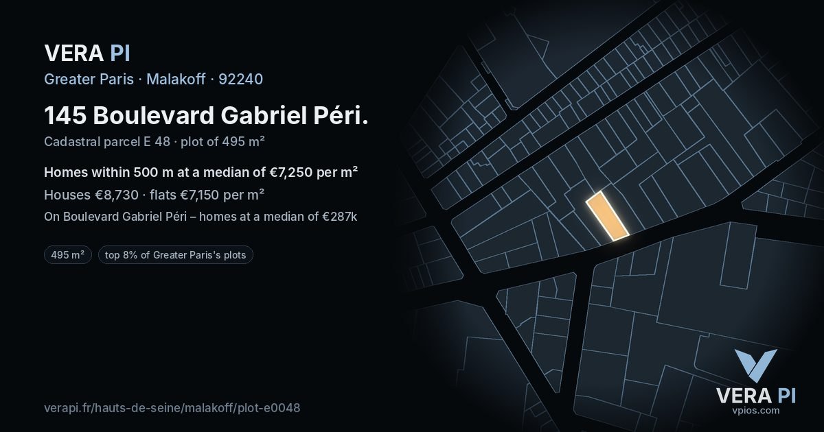 145 Boulevard Gabriel Péri, Malakoff at night – the plot lit, the parcels around coloured by the prices near them