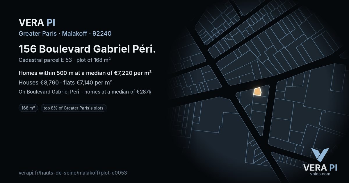 156 Boulevard Gabriel Péri, Malakoff at night – the plot lit, the parcels around coloured by the prices near them