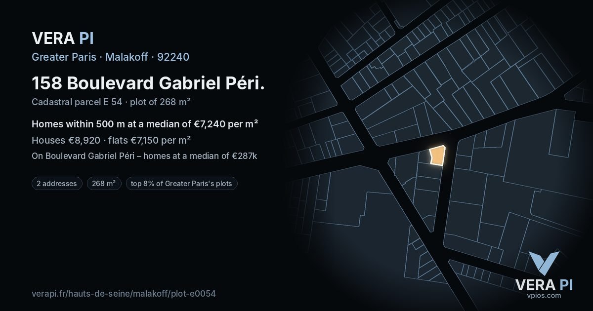 158 Boulevard Gabriel Péri, Malakoff at night – the plot lit, the parcels around coloured by the prices near them