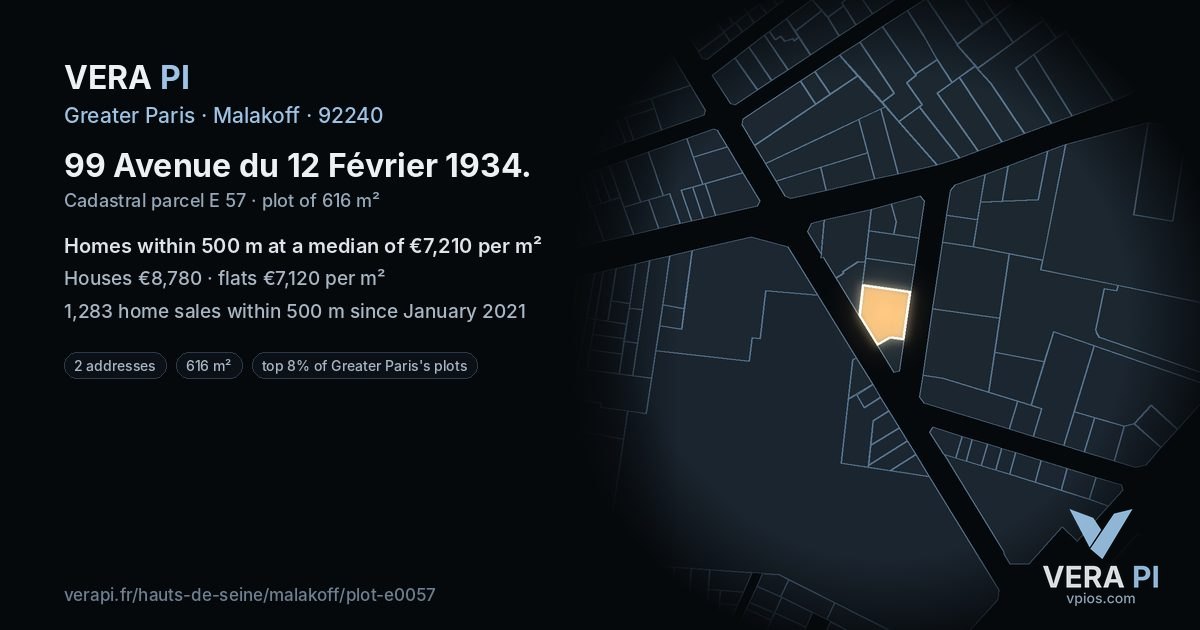 99 Avenue du 12 Février 1934, Malakoff at night – the plot lit, the parcels around coloured by the prices near them