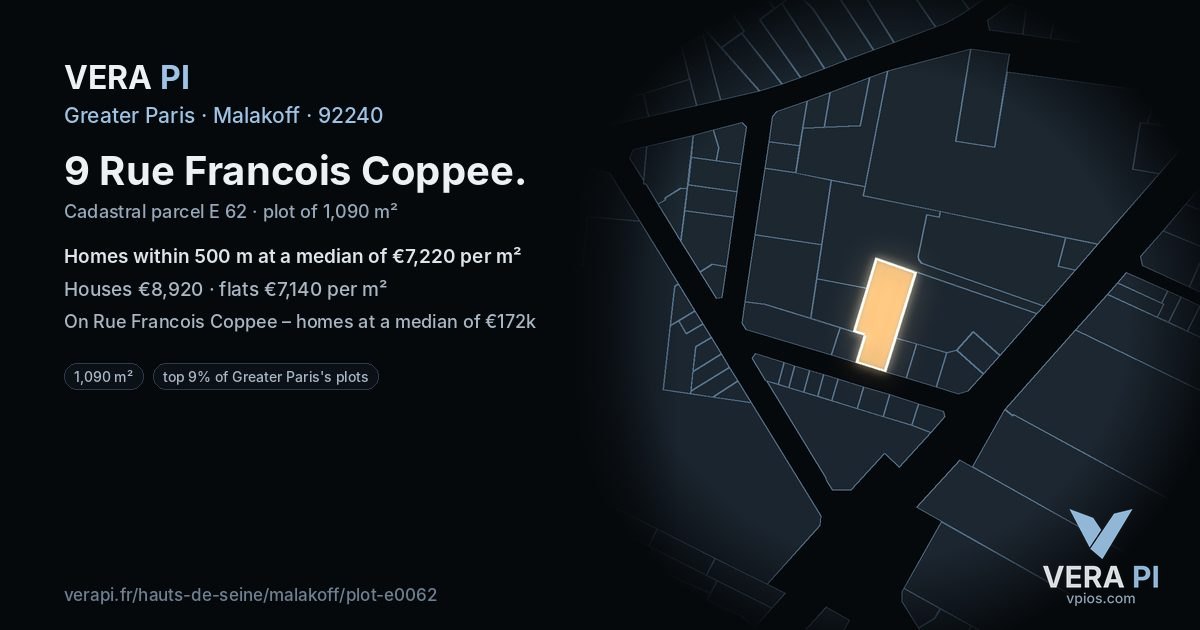 9 Rue Francois Coppee, Malakoff at night – the plot lit, the parcels around coloured by the prices near them