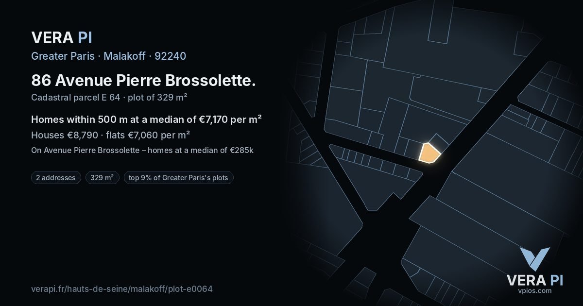 86 Avenue Pierre Brossolette, Malakoff at night – the plot lit, the parcels around coloured by the prices near them