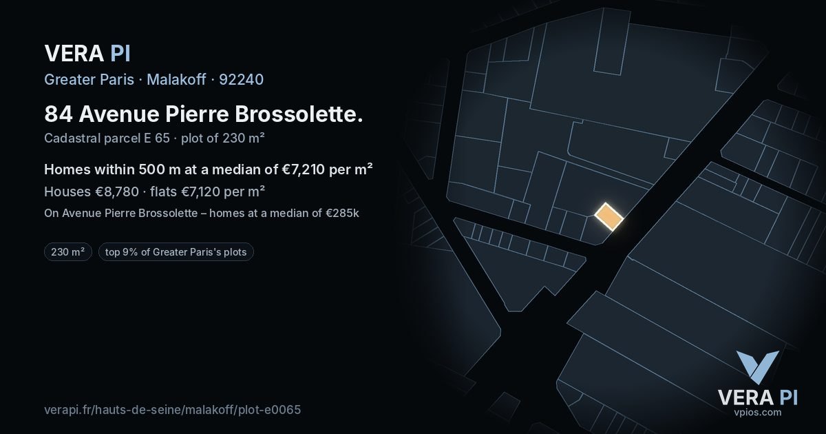 84 Avenue Pierre Brossolette, Malakoff at night – the plot lit, the parcels around coloured by the prices near them