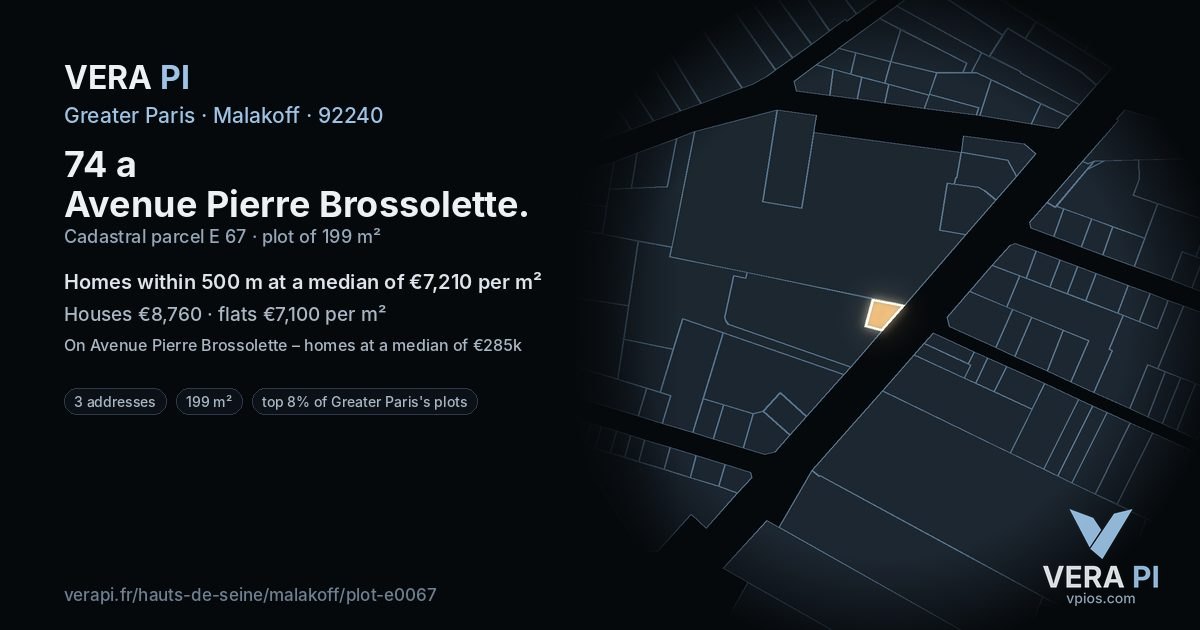 74 a Avenue Pierre Brossolette, Malakoff at night – the plot lit, the parcels around coloured by the prices near them