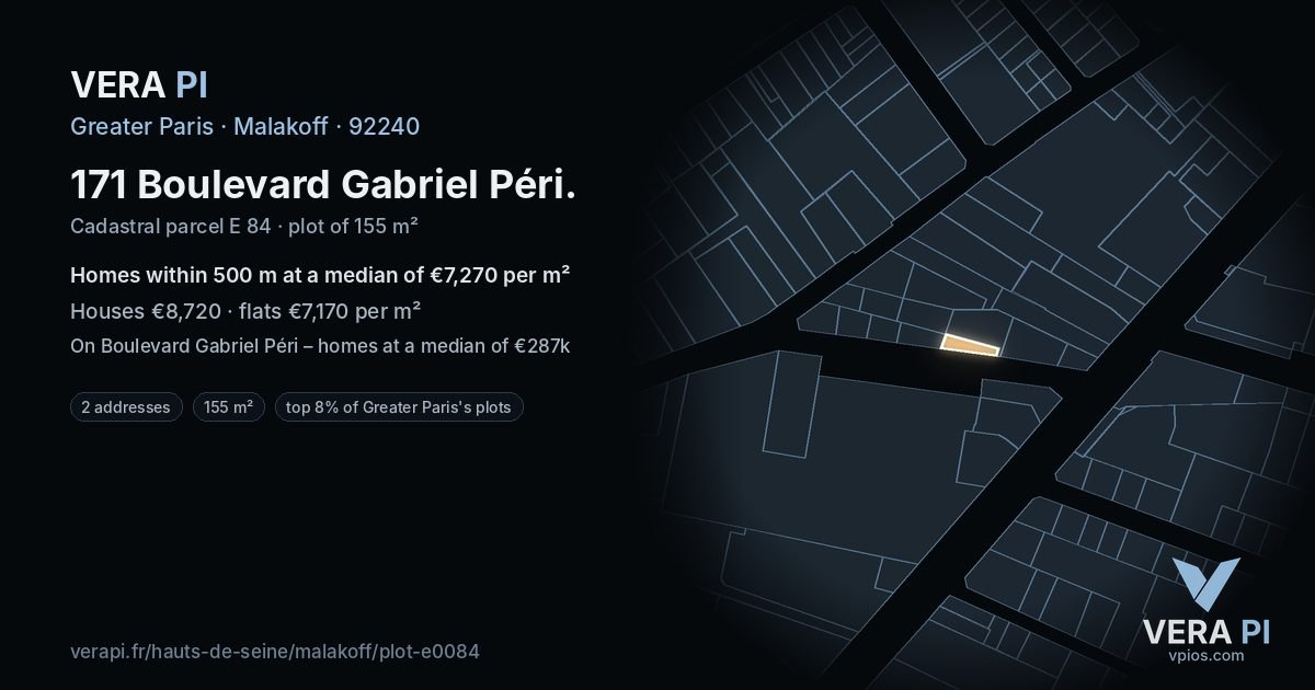 171 Boulevard Gabriel Péri, Malakoff at night – the plot lit, the parcels around coloured by the prices near them