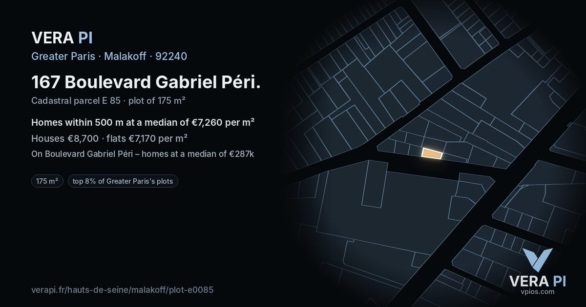 167 Boulevard Gabriel Péri, Malakoff at night – the plot lit, the parcels around coloured by the prices near them