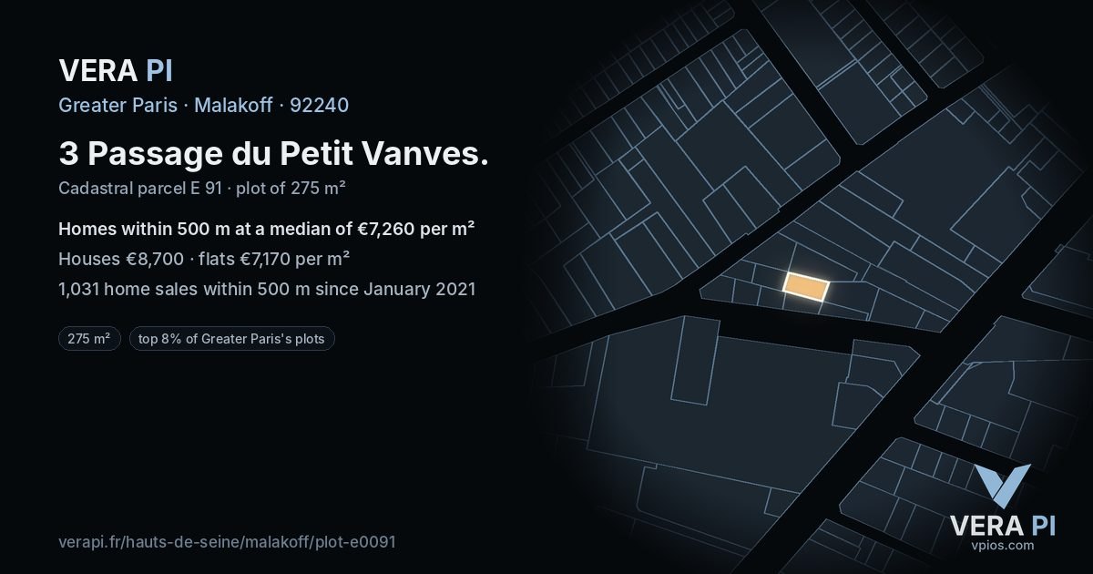 3 Passage du Petit Vanves, Malakoff at night – the plot lit, the parcels around coloured by the prices near them