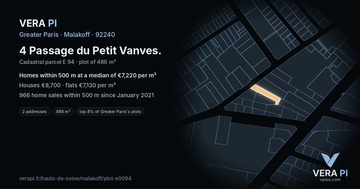 4 Passage du Petit Vanves, Malakoff at night – the plot lit, the parcels around coloured by the prices near them