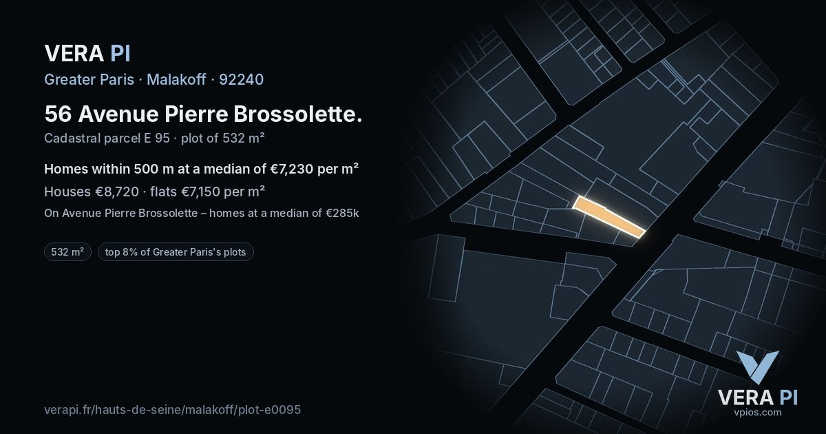56 Avenue Pierre Brossolette, Malakoff at night – the plot lit, the parcels around coloured by the prices near them