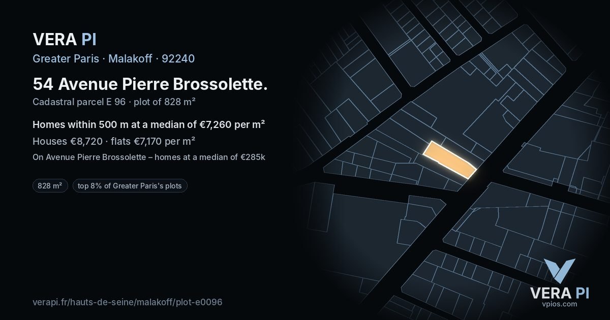 54 Avenue Pierre Brossolette, Malakoff at night – the plot lit, the parcels around coloured by the prices near them