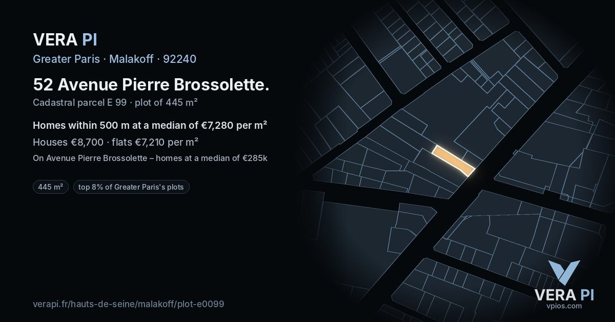 52 Avenue Pierre Brossolette, Malakoff at night – the plot lit, the parcels around coloured by the prices near them