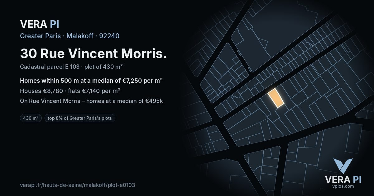 30 Rue Vincent Morris, Malakoff at night – the plot lit, the parcels around coloured by the prices near them