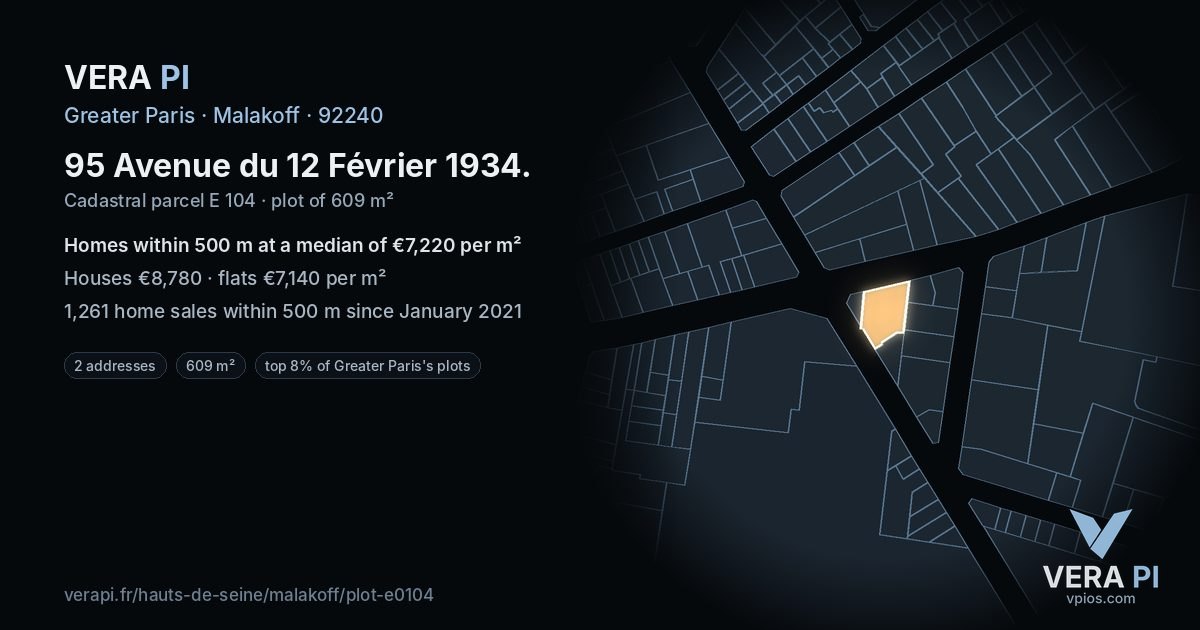 95 Avenue du 12 Février 1934, Malakoff at night – the plot lit, the parcels around coloured by the prices near them