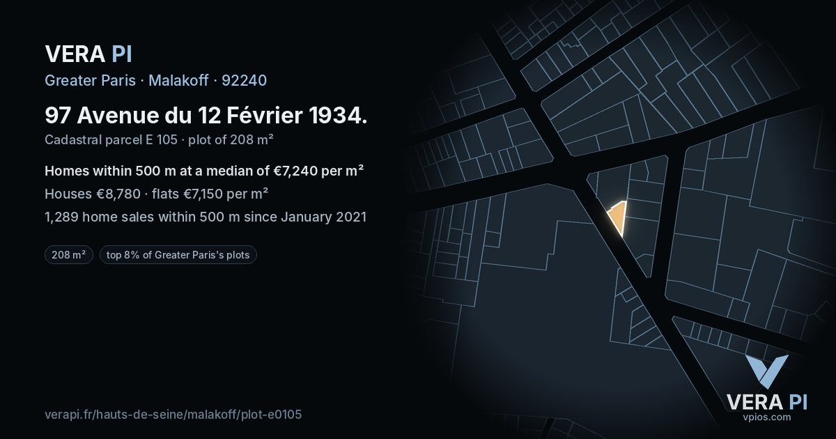 97 Avenue du 12 Février 1934, Malakoff at night – the plot lit, the parcels around coloured by the prices near them