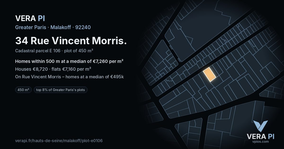 34 Rue Vincent Morris, Malakoff at night – the plot lit, the parcels around coloured by the prices near them