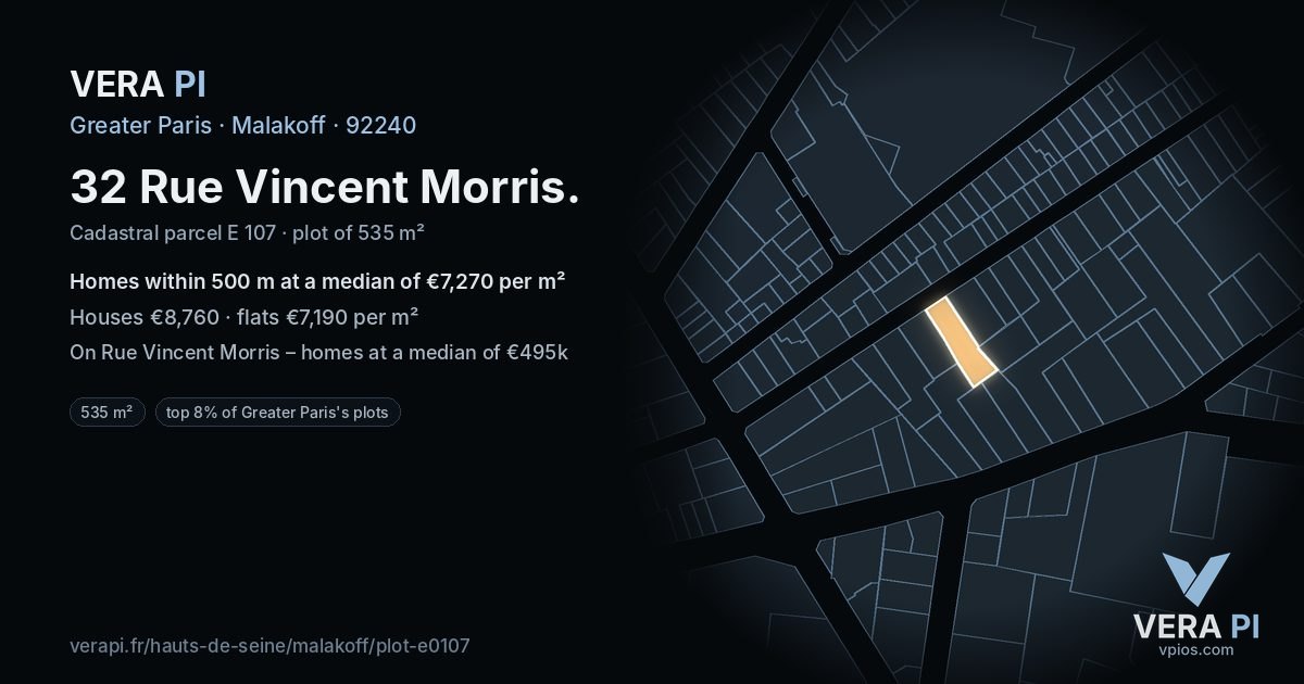 32 Rue Vincent Morris, Malakoff at night – the plot lit, the parcels around coloured by the prices near them