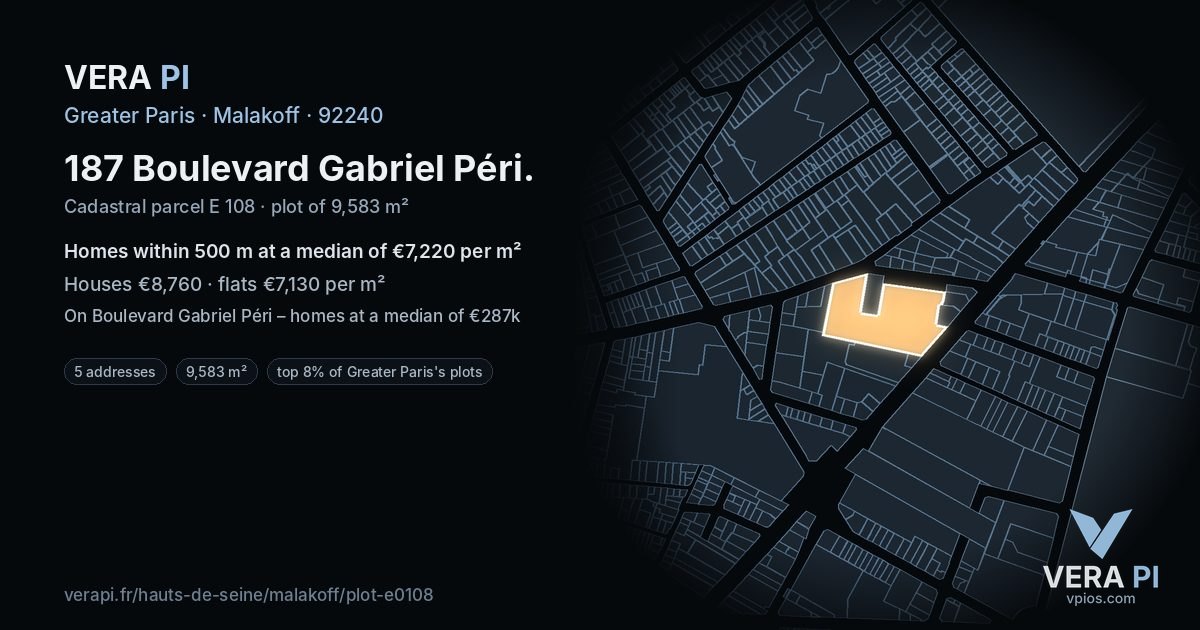 187 Boulevard Gabriel Péri, Malakoff at night – the plot lit, the parcels around coloured by the prices near them