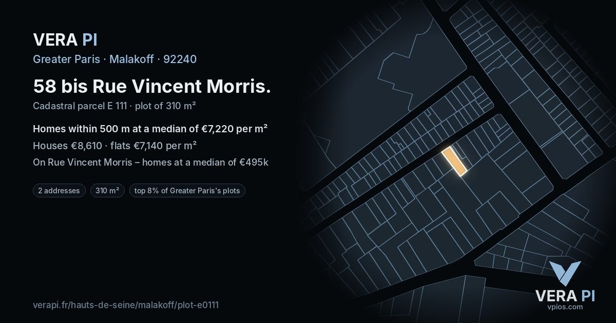 58 bis Rue Vincent Morris, Malakoff at night – the plot lit, the parcels around coloured by the prices near them