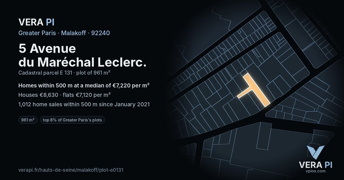 5 Avenue du Maréchal Leclerc, Malakoff at night – the plot lit, the parcels around coloured by the prices near them