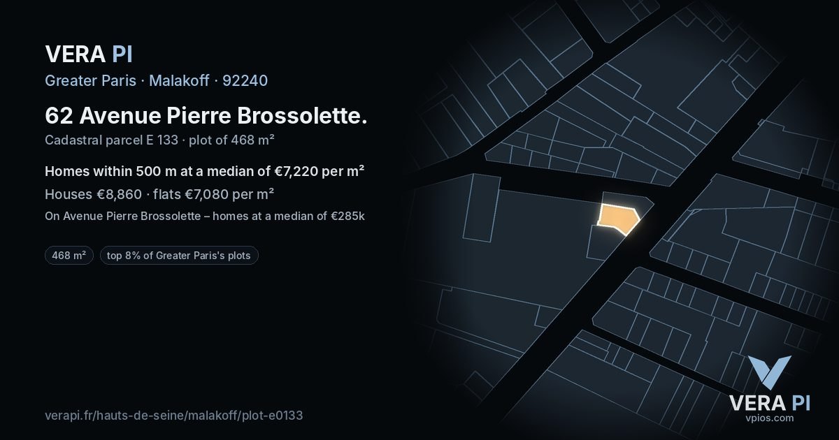 62 Avenue Pierre Brossolette, Malakoff at night – the plot lit, the parcels around coloured by the prices near them