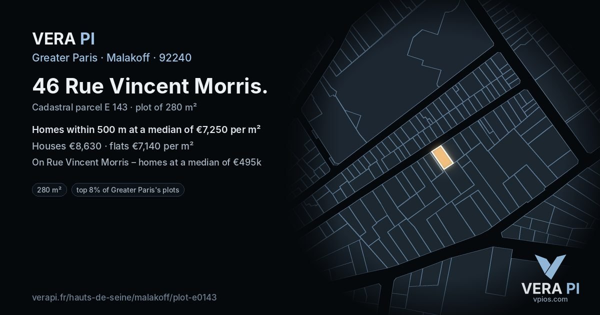 46 Rue Vincent Morris, Malakoff at night – the plot lit, the parcels around coloured by the prices near them