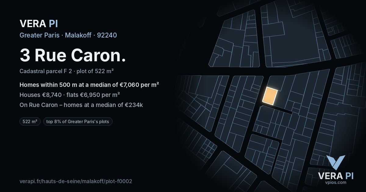 3 Rue Caron, Malakoff at night – the plot lit, the parcels around coloured by the prices near them