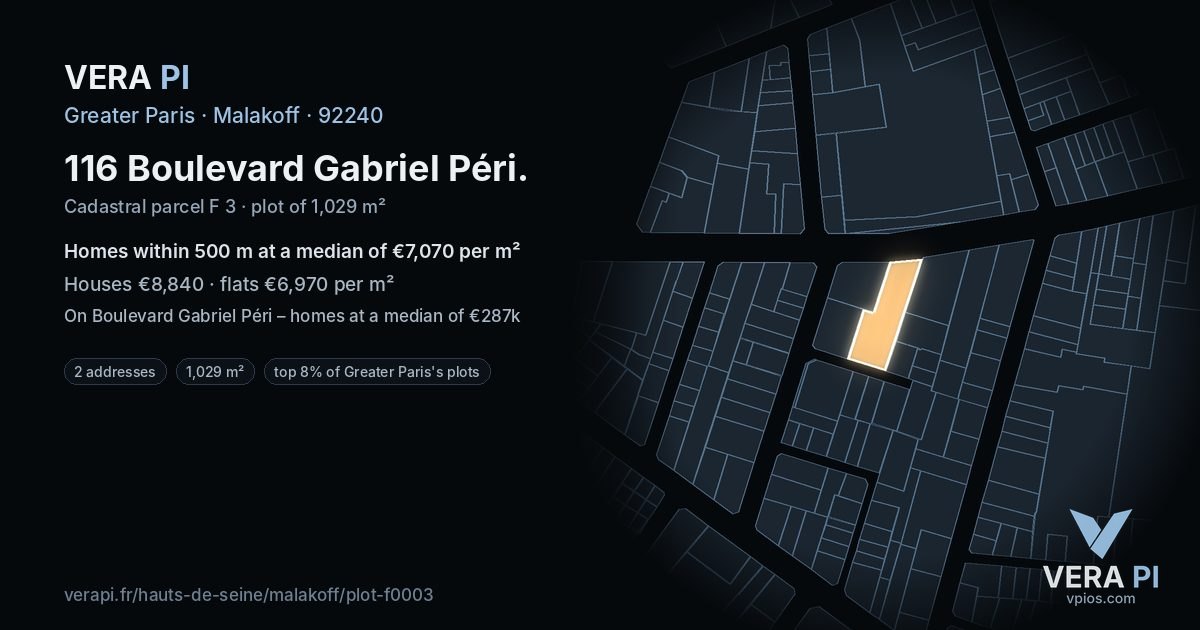 116 Boulevard Gabriel Péri, Malakoff at night – the plot lit, the parcels around coloured by the prices near them