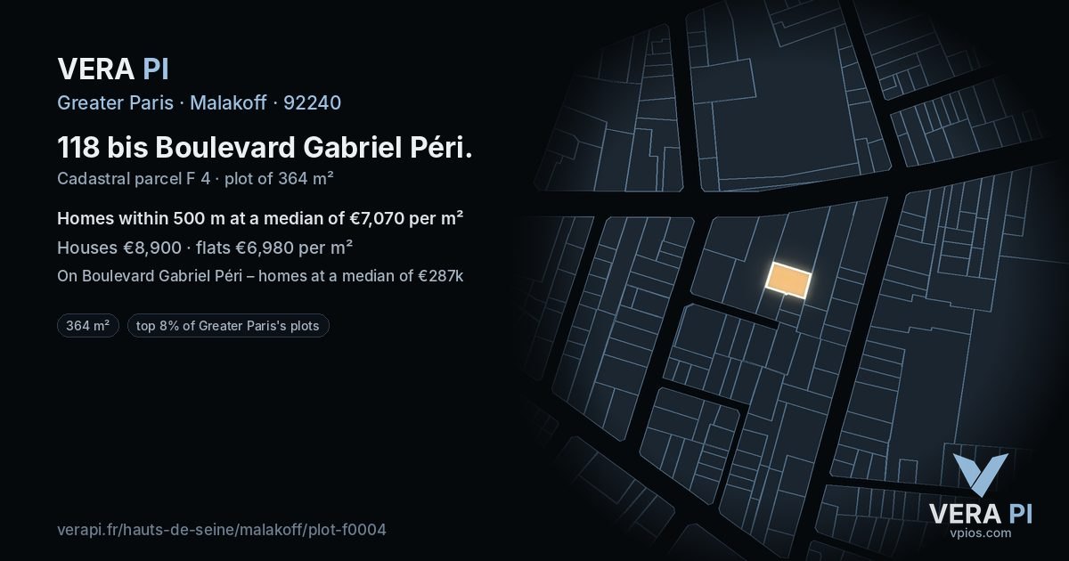 118 bis Boulevard Gabriel Péri, Malakoff at night – the plot lit, the parcels around coloured by the prices near them