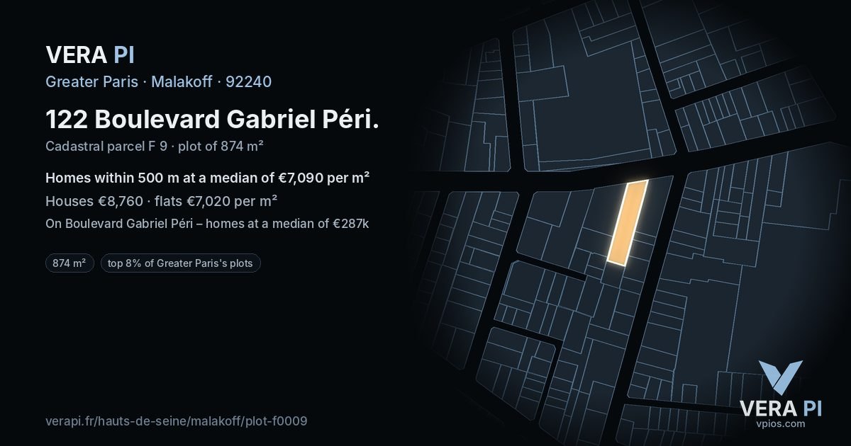 122 Boulevard Gabriel Péri, Malakoff at night – the plot lit, the parcels around coloured by the prices near them