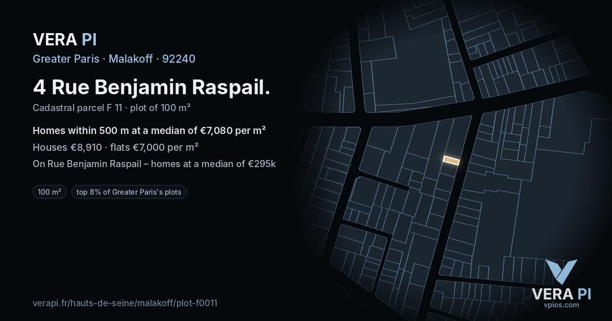 4 Rue Benjamin Raspail, Malakoff at night – the plot lit, the parcels around coloured by the prices near them