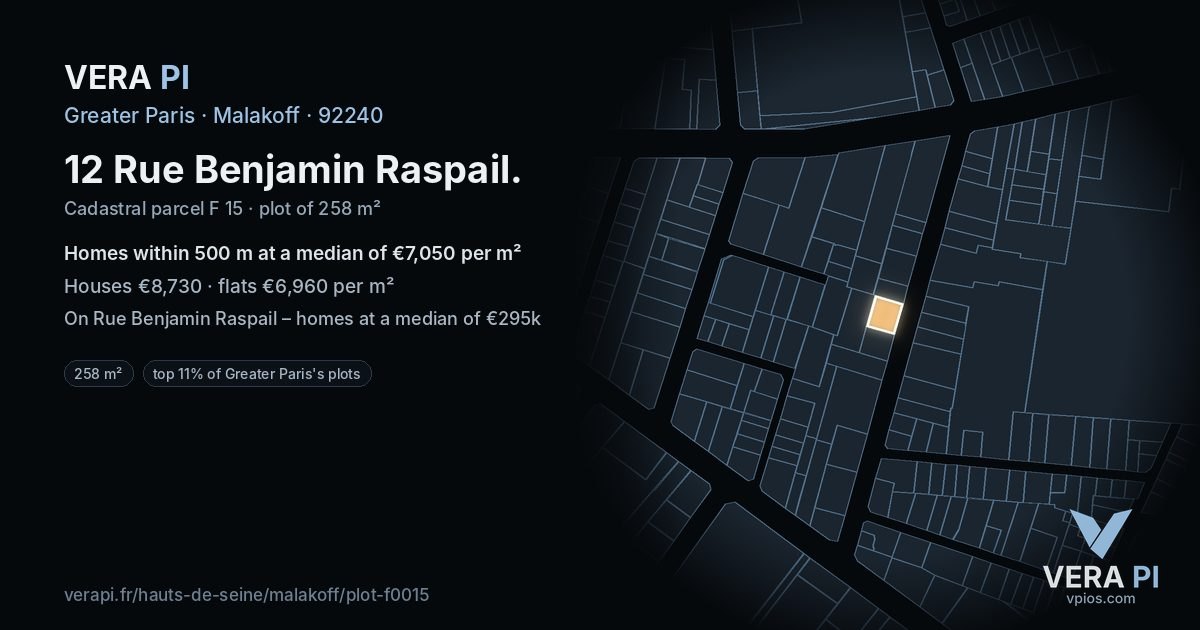 12 Rue Benjamin Raspail, Malakoff at night – the plot lit, the parcels around coloured by the prices near them