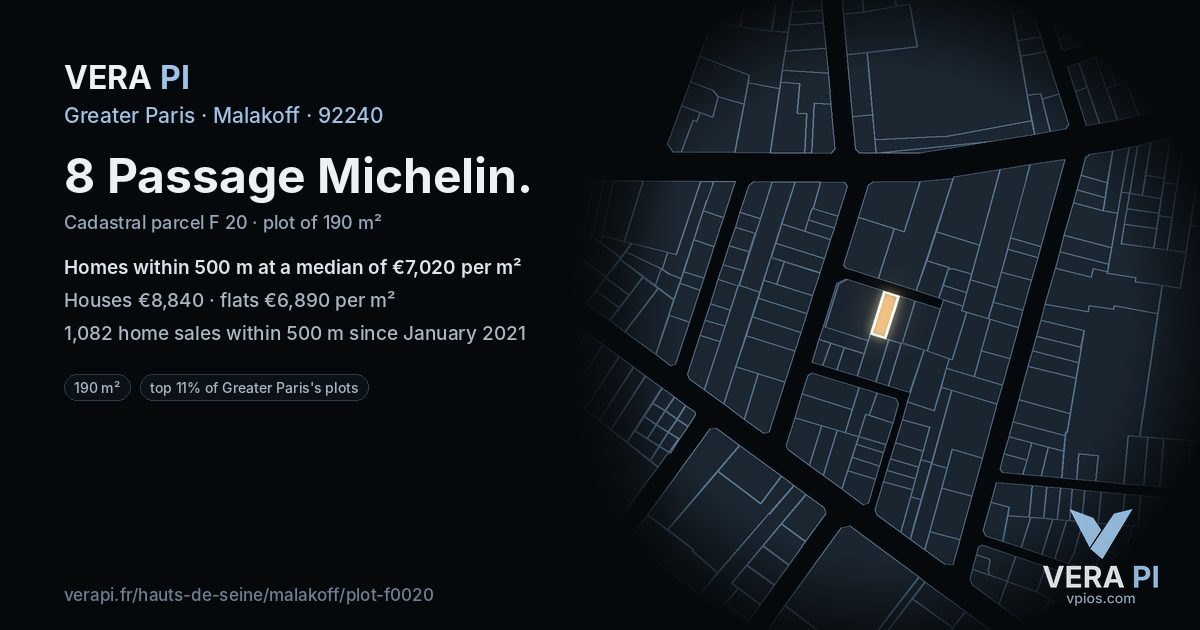 8 Passage Michelin, Malakoff at night – the plot lit, the parcels around coloured by the prices near them