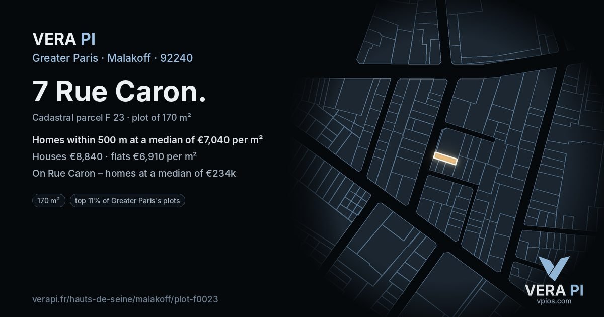 7 Rue Caron, Malakoff at night – the plot lit, the parcels around coloured by the prices near them
