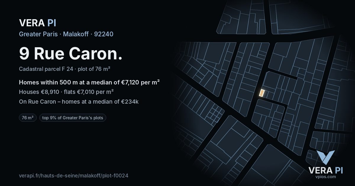 9 Rue Caron, Malakoff at night – the plot lit, the parcels around coloured by the prices near them