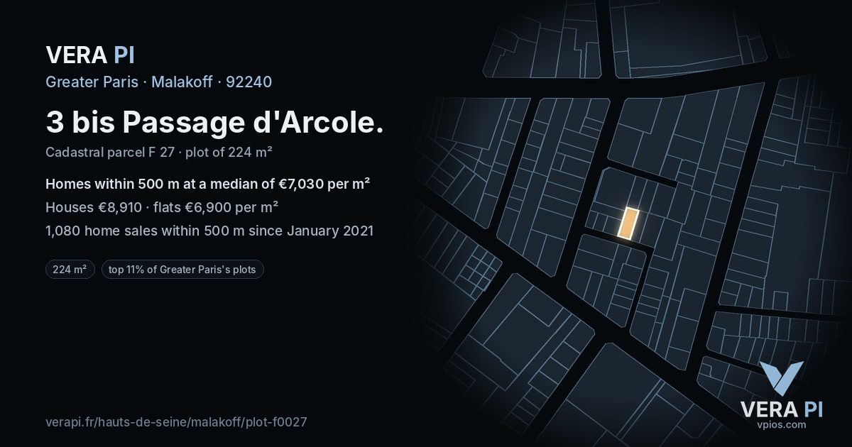 3 bis Passage d'Arcole, Malakoff at night – the plot lit, the parcels around coloured by the prices near them