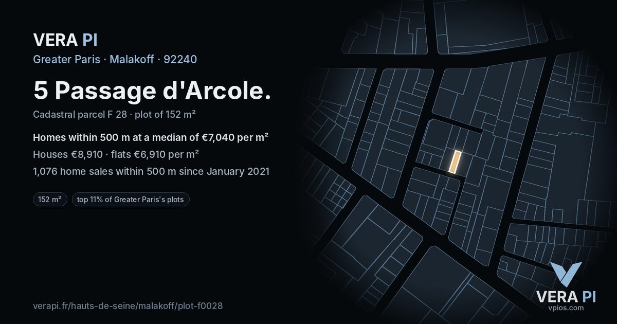 5 Passage d'Arcole, Malakoff at night – the plot lit, the parcels around coloured by the prices near them